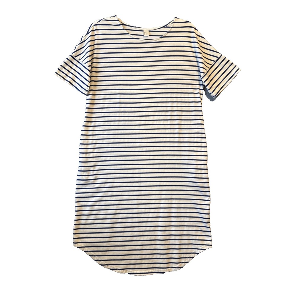 Resortwear Boho Blue White Striped T Shirt Dress M Pockets Coastal Nautical Chic